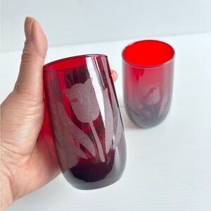 Vintage Cranberry Red Etched Floral Glasses Set of 2